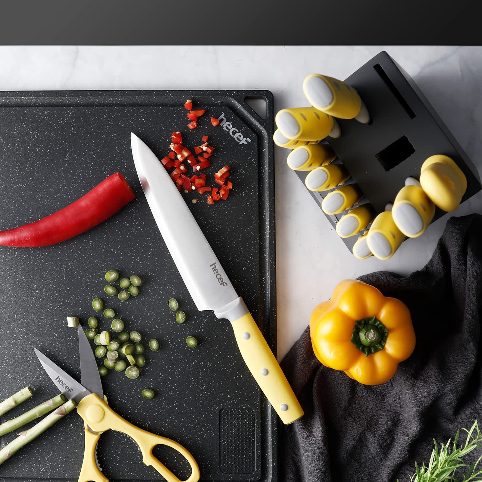 Kitchen Knife Block Set, 14 Pieces Knife Set with Wooden Block & Sharpener Steel & All-purpose Scissors, High Carbon Stainless Steel Cutlery Set