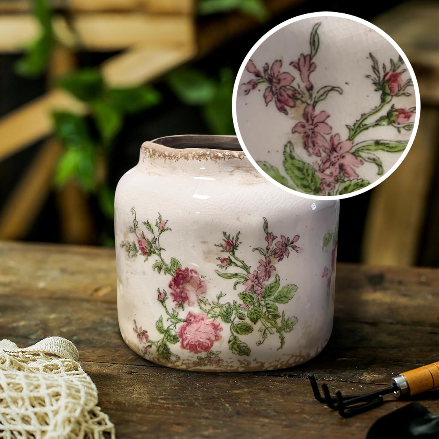 Vintage Ceramic Flower Pot, 5.9 * 6.3in Simple Relief Flower Pot