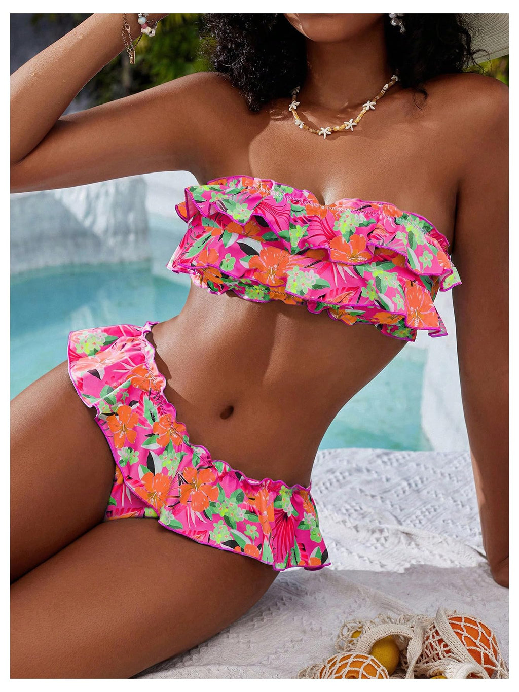 Women's Floral Bikini Bandeau Swimsuit Ruffle Tiered Strapless Bathing Suit
