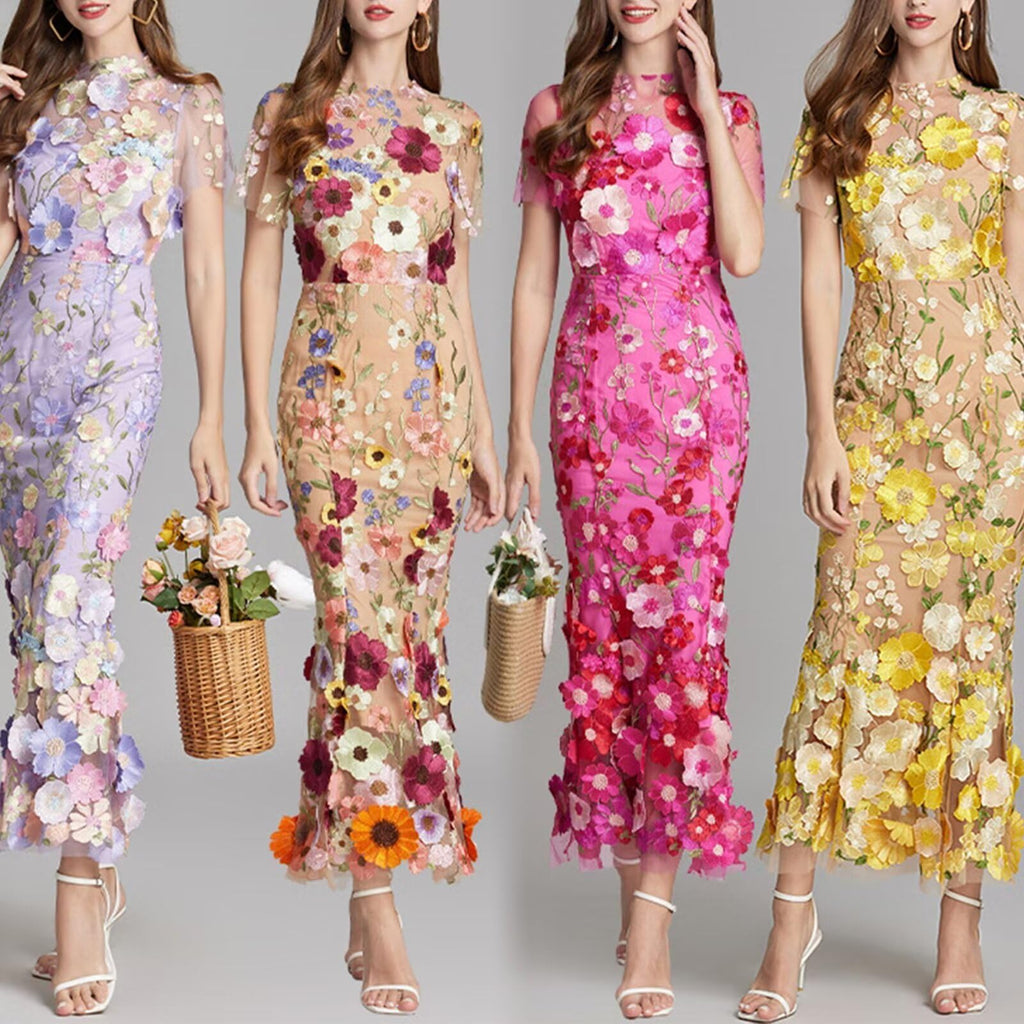 Women's 3D Floral Embroidery Dress Sheer Mesh Round Neck Lace Bodycon Party Cocktail Maxi Dress Short Sleeves