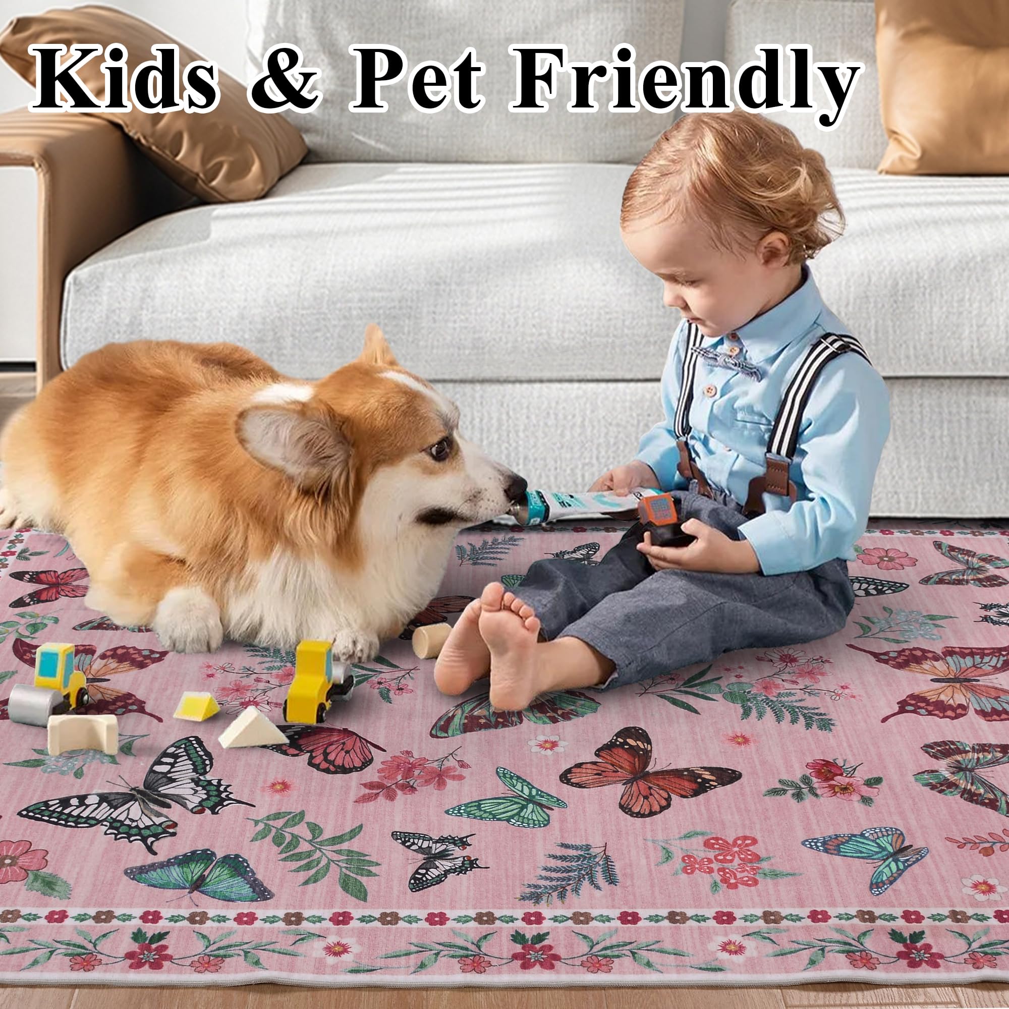 Insect Floral Area Rug, Machine Washable Area Rug Non-Slip Low Pile Large Bedroom Rug Stain Resistant Throw Rug Carpet