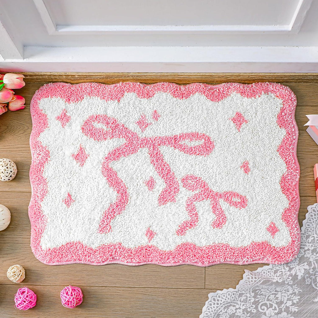 Scalloped Bow Bathroom Mat Pink Coquette Bath Mat Non Slip Absorbent Bow Bath Rugs Microfiber Washable Preppy Rugs Aesthetic Room Decor for Shower Bathtub Sink Bedroom Front Door