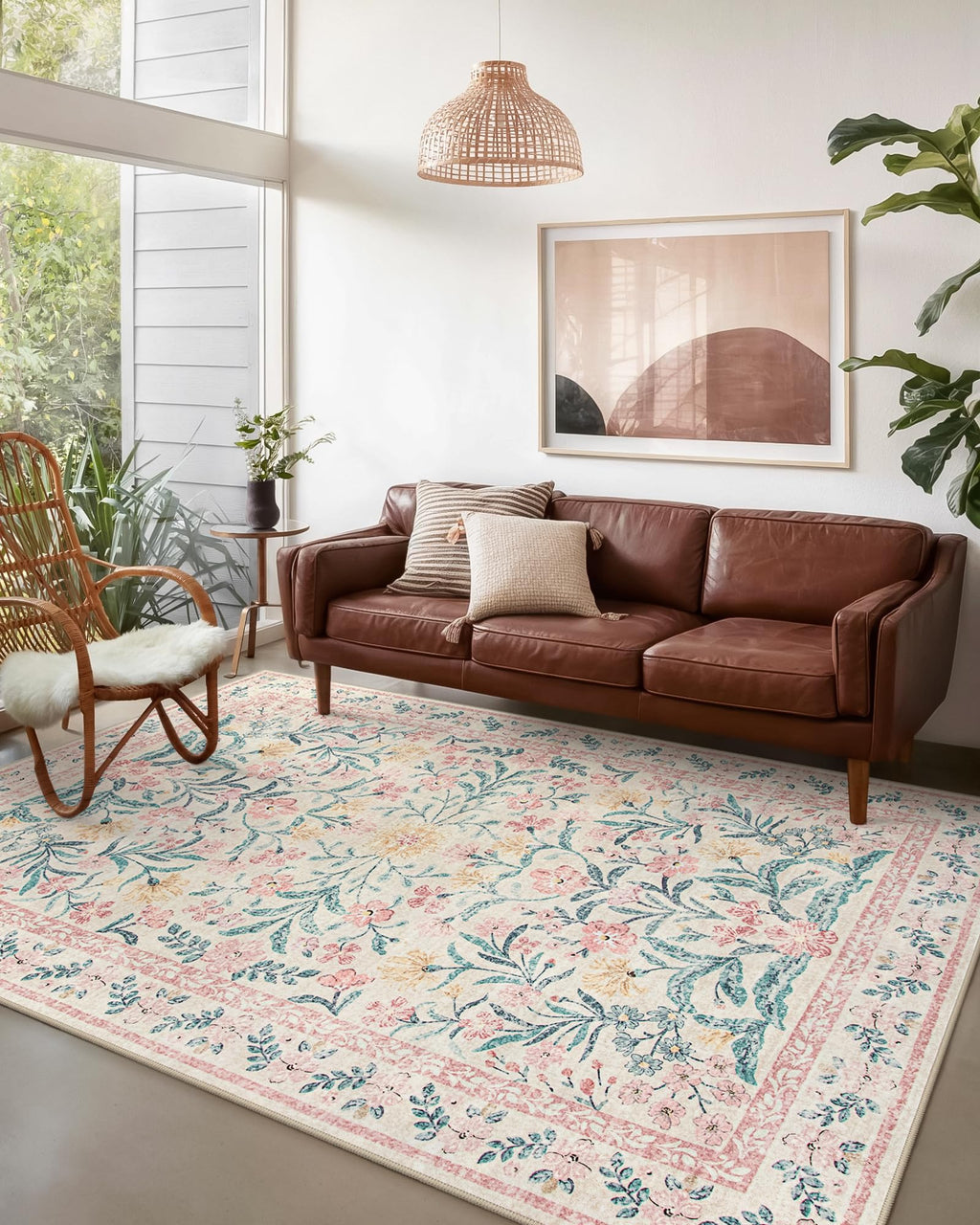 Machine Washable Boho Soft Floral Carpet Non Slip, Indoor Ultra-Thin Floor Carpet for Kid Room Living Room Dorm