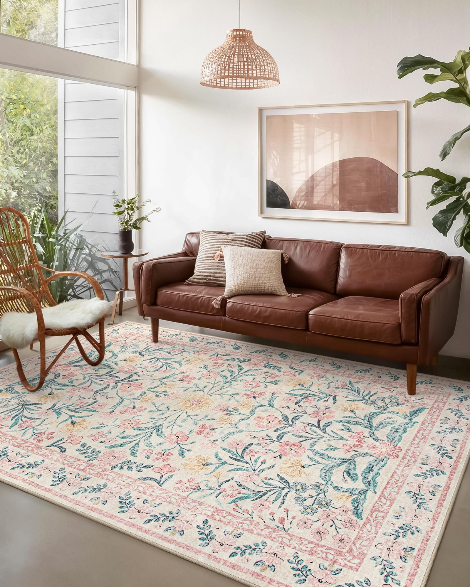 Machine Washable Boho Soft Floral Carpet Non Slip, Indoor Ultra-Thin Floor Carpet for Kid Room Living Room Dorm