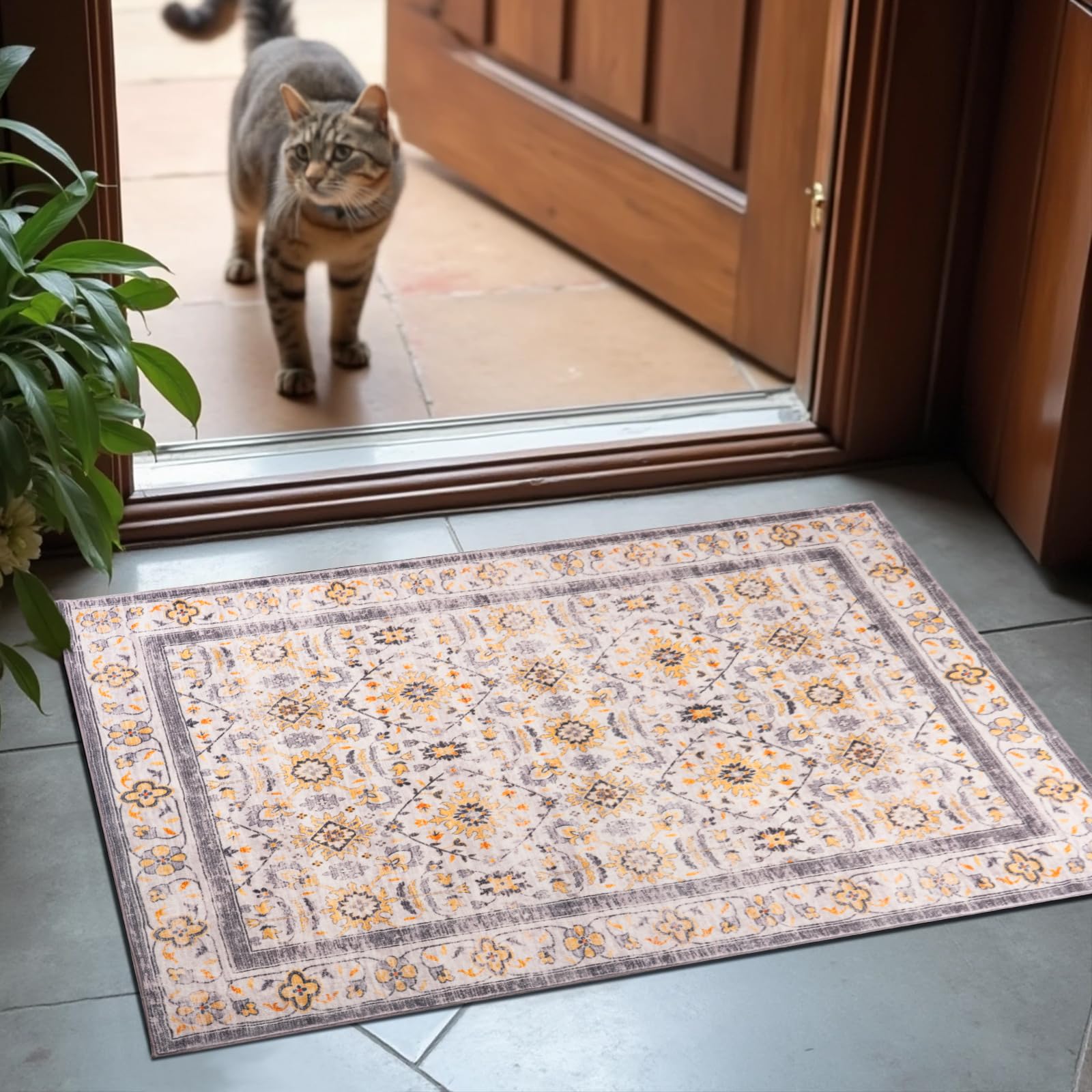 Washable Area Rugs Door Mat Entryway Vintage Floral Non-Slip Low Pile Entrance Thin Rug Carpet for Kitchen Bathroom Living Room Pink