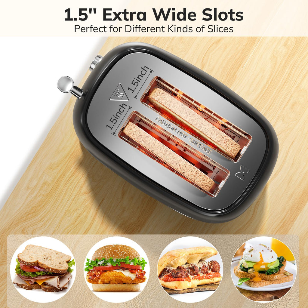 Toaster 2 Slice Stainless Steel with 6 Bread Shade Settings, Retro Toaster with Extra Wide Slot