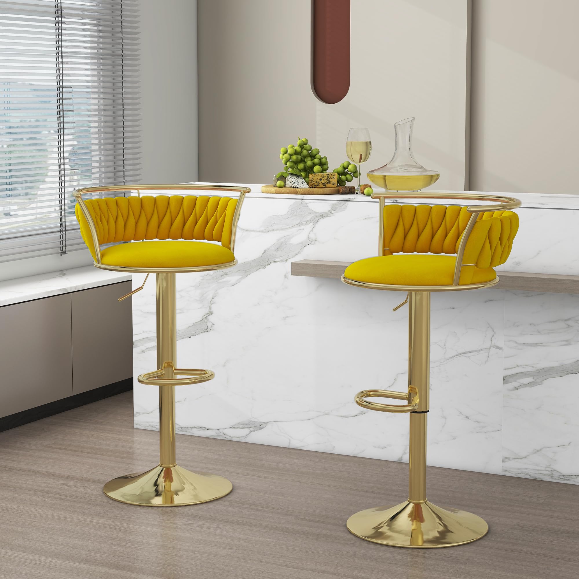 Velvet Swivel Bar Stools, Adjustable Counter Height Bar Chairs with Low Back & Footrest, Modern Gold Bar Stools for Kitchen Island, Bar Pub