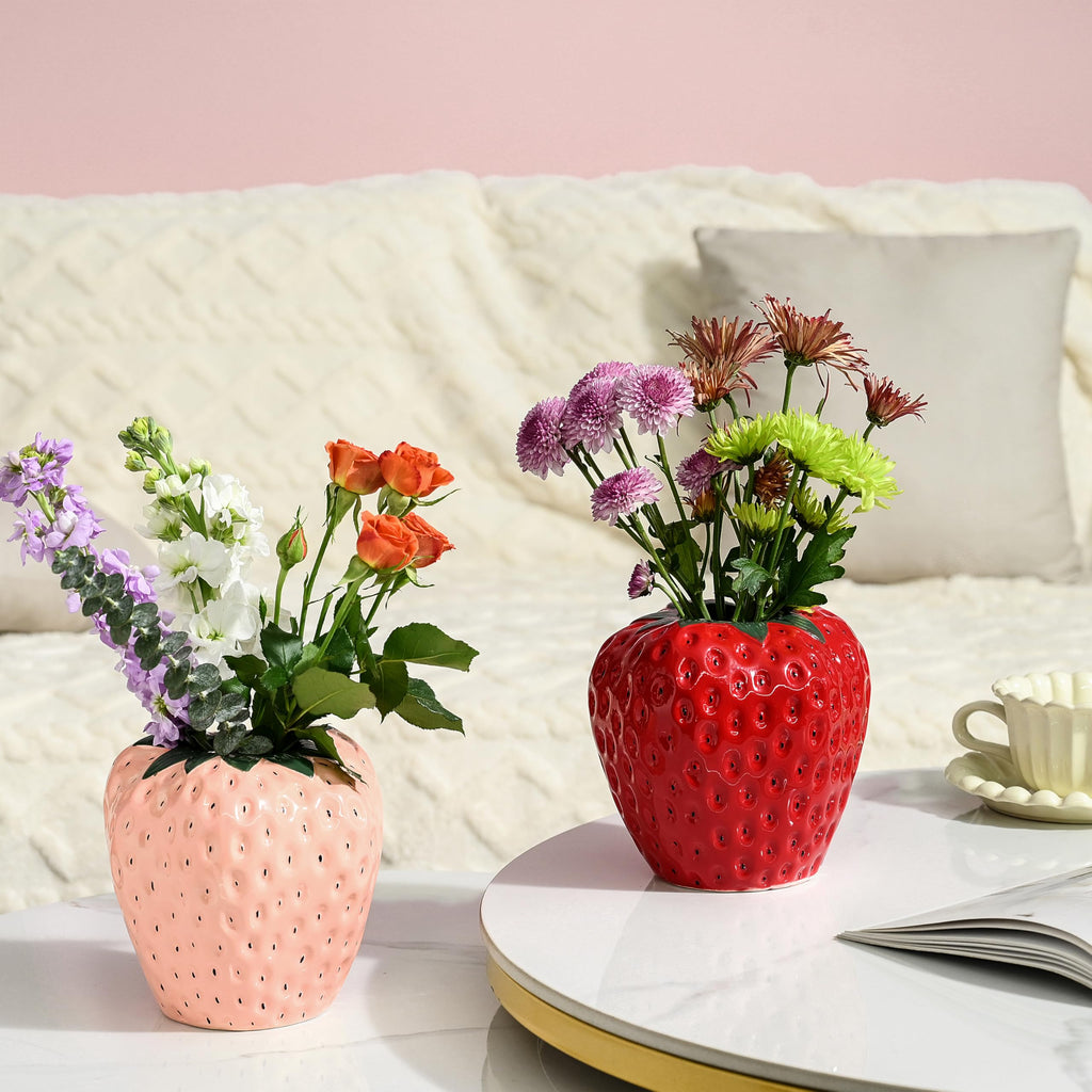 Strawberry Vase for Flowers, Dusty Pink Ceramic Fruit Vase, Strawberry Shaped Planter Pot with Green Leaves and Black Seeds Decor