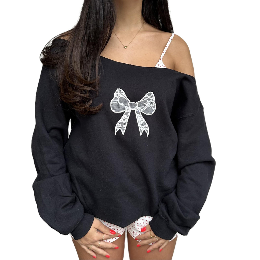 Women Y2k Off Shoulder Sweatshirt Long Sleeve Bow Print Pullover Top Vintage Graphic Sweatshirt