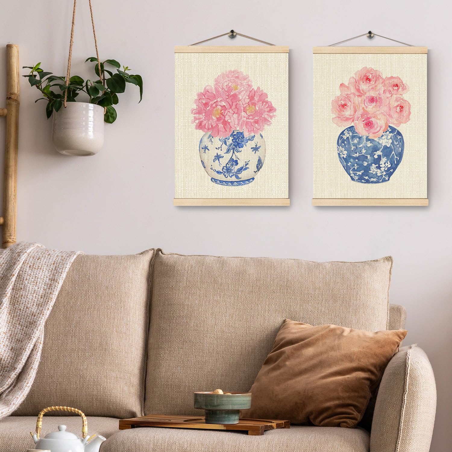 Chinoiserie Porcelain Poster Hanger Frame Floral Hanging Wall Decor