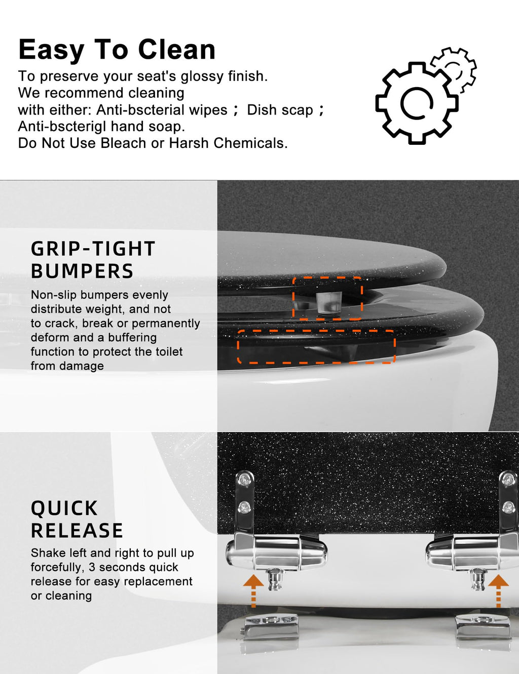 Round Resin Toilet Seat Glitter Soft Close Quick Release Metal Zinc Alloy Hinge Easy to Install also Easy to Clean, Decorative Acrylic Seats (17 Inch)