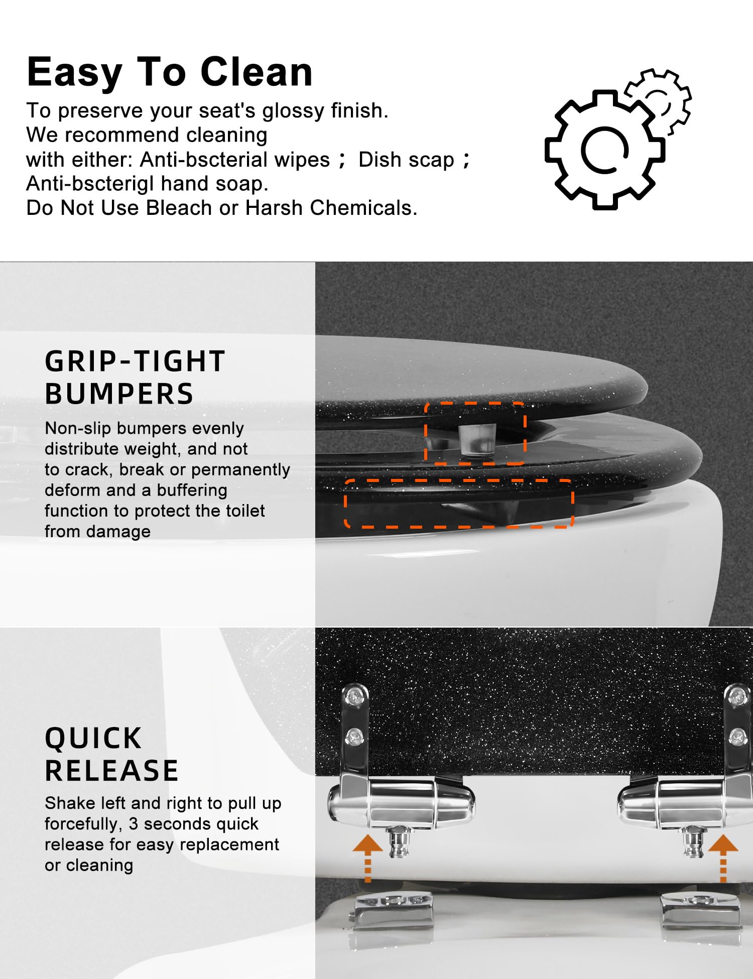 Round Resin Toilet Seat Glitter Soft Close Quick Release Metal Zinc Alloy Hinge Easy to Install also Easy to Clean, Decorative Acrylic Seats (17 Inch)