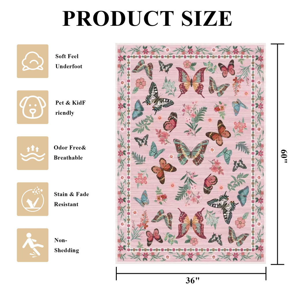 Insect Floral Area Rug, Machine Washable Area Rug Non-Slip Low Pile Large Bedroom Rug Stain Resistant Throw Rug Carpet