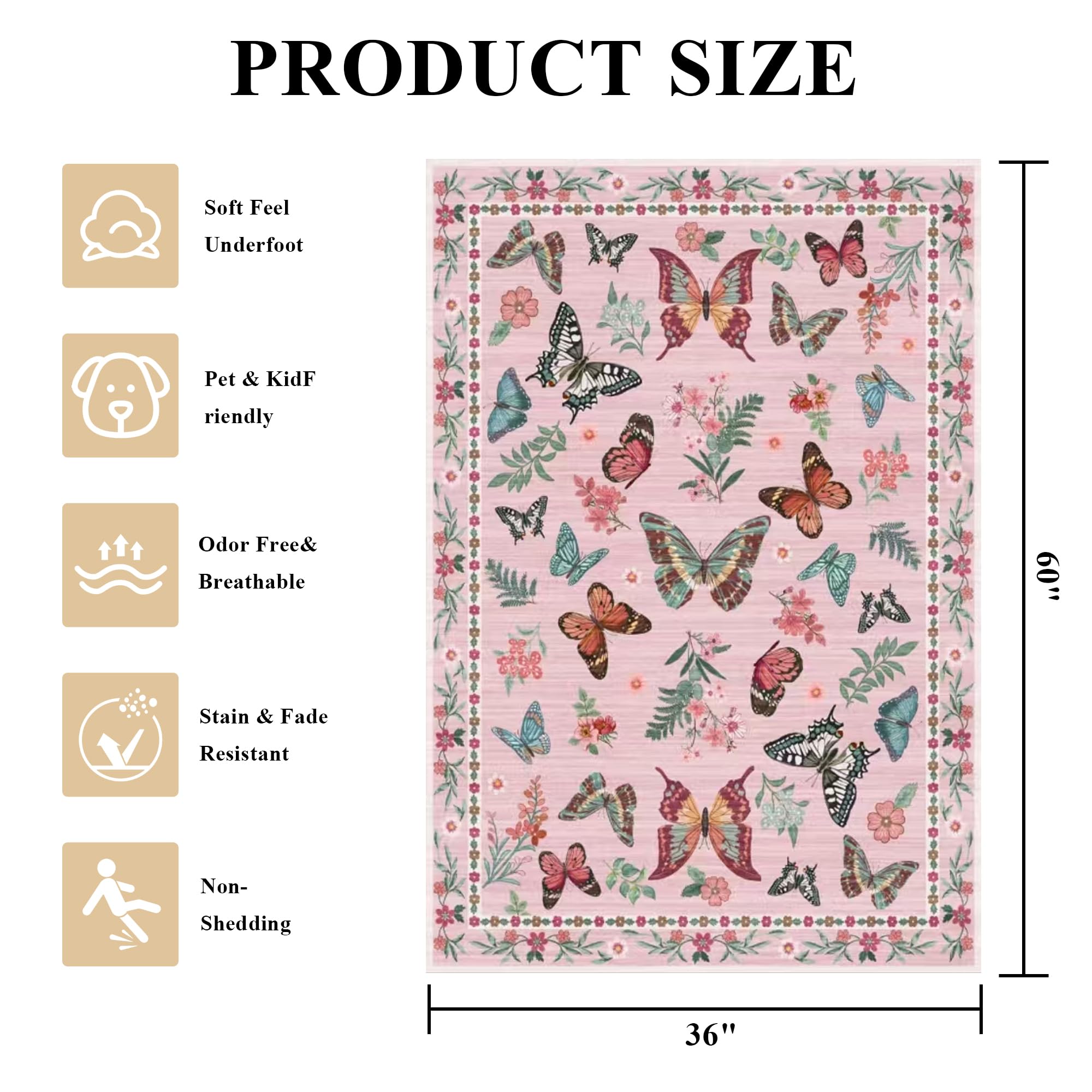 Insect Floral Area Rug, Machine Washable Area Rug Non-Slip Low Pile Large Bedroom Rug Stain Resistant Throw Rug Carpet