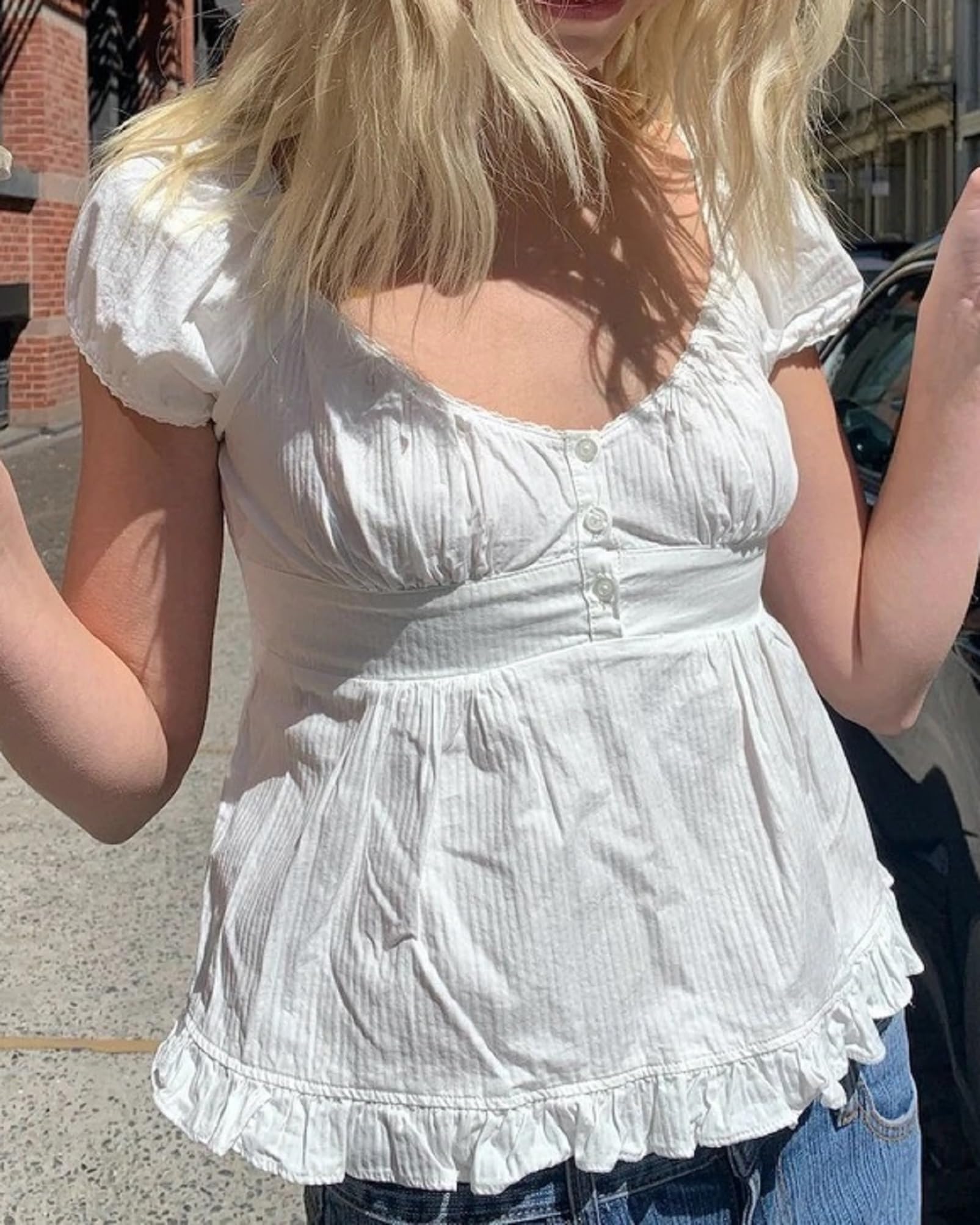 Y2K Short Sleeve Babydoll Tops for Women Cute Aesthetic U Neck Teen Girls Tshirt Ruffle Hem Patchwork Peplum Shirts