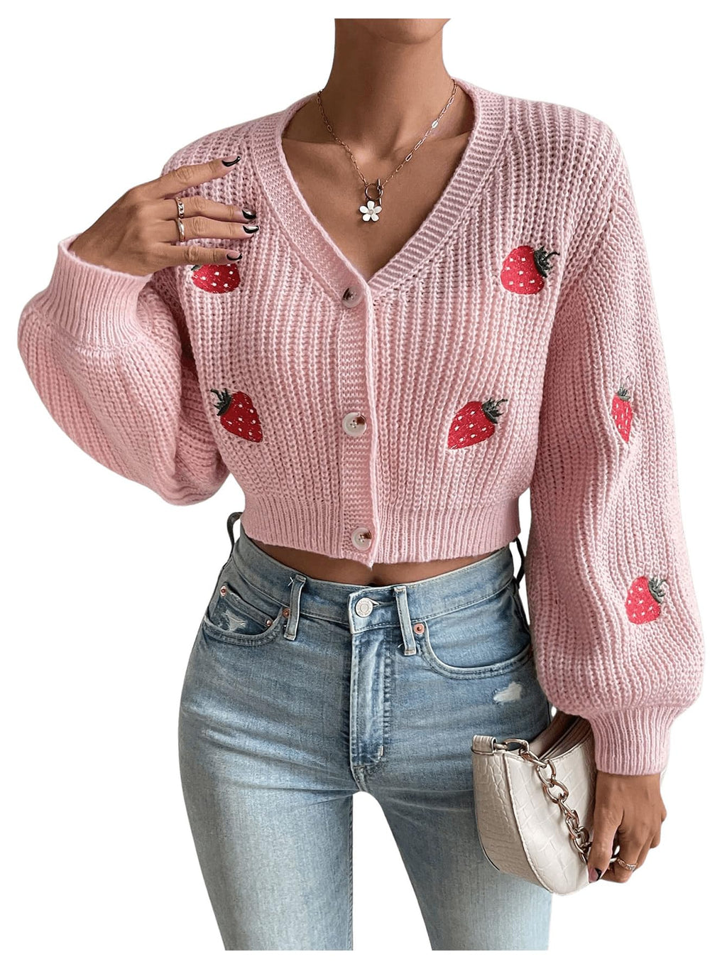 Women's Strawberry Embroidery Crop Cardigan Drop Shoulder Button Up Sweater Tops V Neck Outerwear