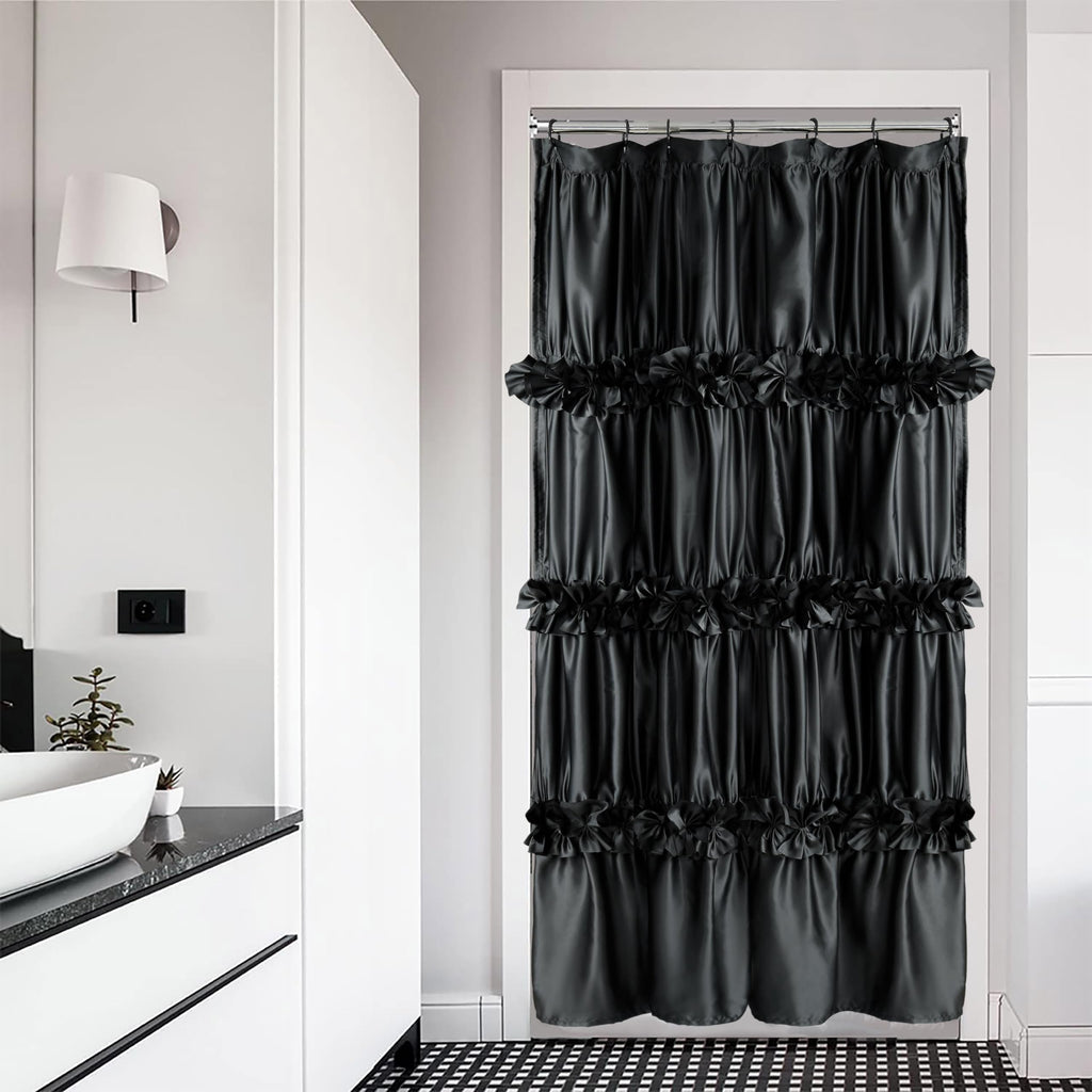 Victorian Bow Tie Ruffle Shower Curtain, with 12 Buttonholes, 72" W x 72" H, White (LQ-10)