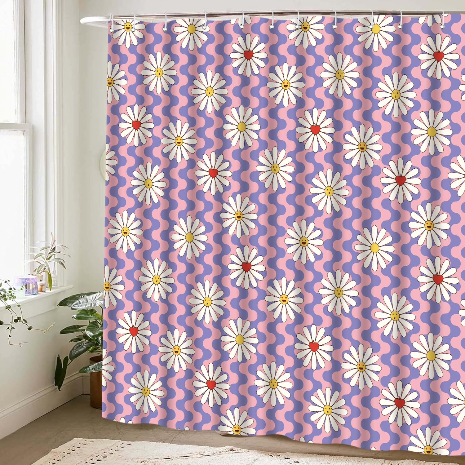 Cute Shower Curtain for Bathroom Modern Aesthetic Funky Decorative, Pretty Chic Cloth Set with Hooks, 72x72 Inch