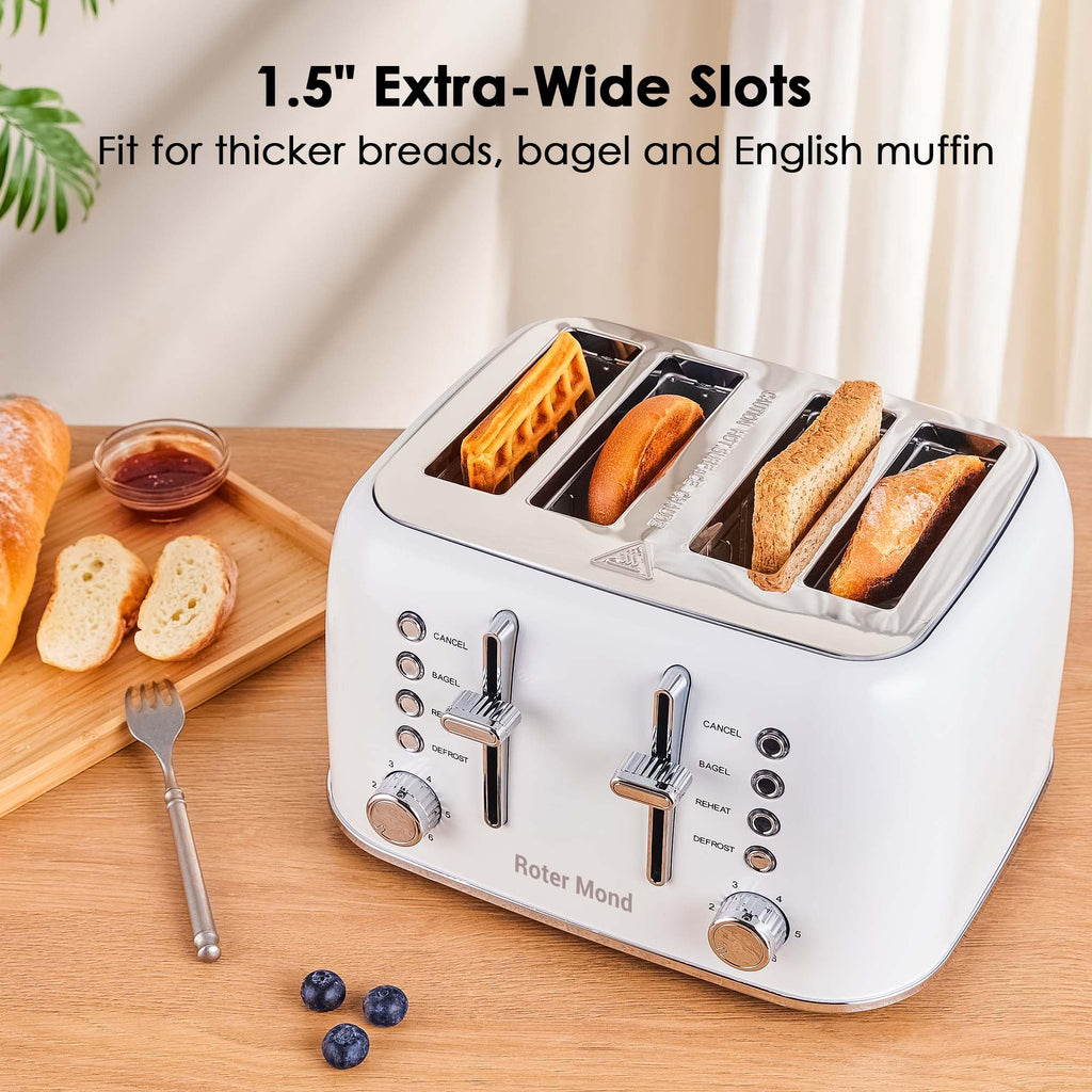 Toaster 4 Slice Retro Stainless Steel with Extra Wide Slots, Reheat Function, Dual Independent Control Panel, Removable Crumb Tray, 6 Browning Levels
