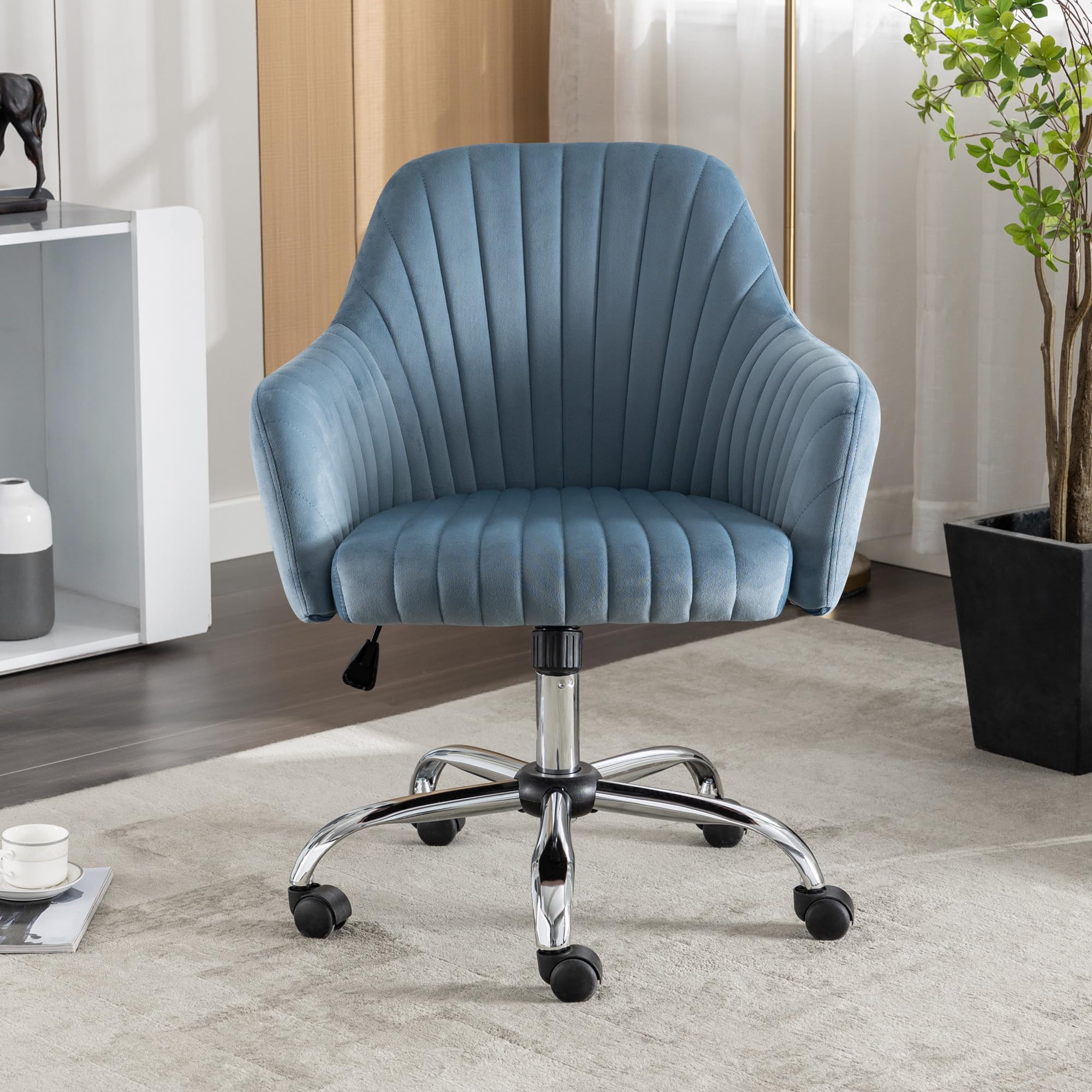 Modern Vanity Velvet Adjustable Low Back Rolling Chair, Twill Upholstered Cute Chair with Wheels