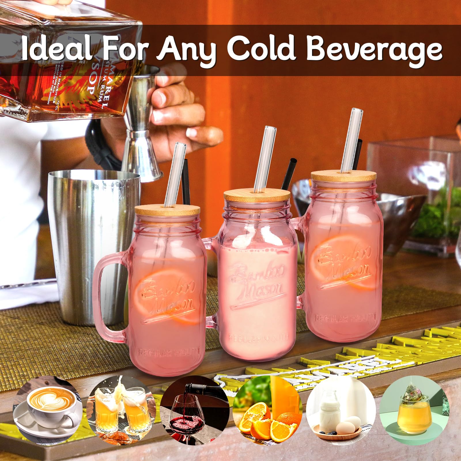 Tumbler with Handle and Straw, 24oz Pink Mason Jars Handles Drinking Glasses Glassware Colored Glass Cups Lids Straws