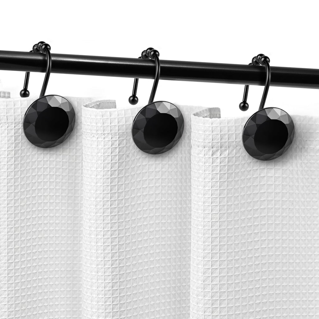 Luxury Design Round Diamond Crystal Gem Bling with Glide Balls Shower Curtain Hooks, Rust Proof Metal Rhinestones Glam Shower Curtain Rings-12 Pack