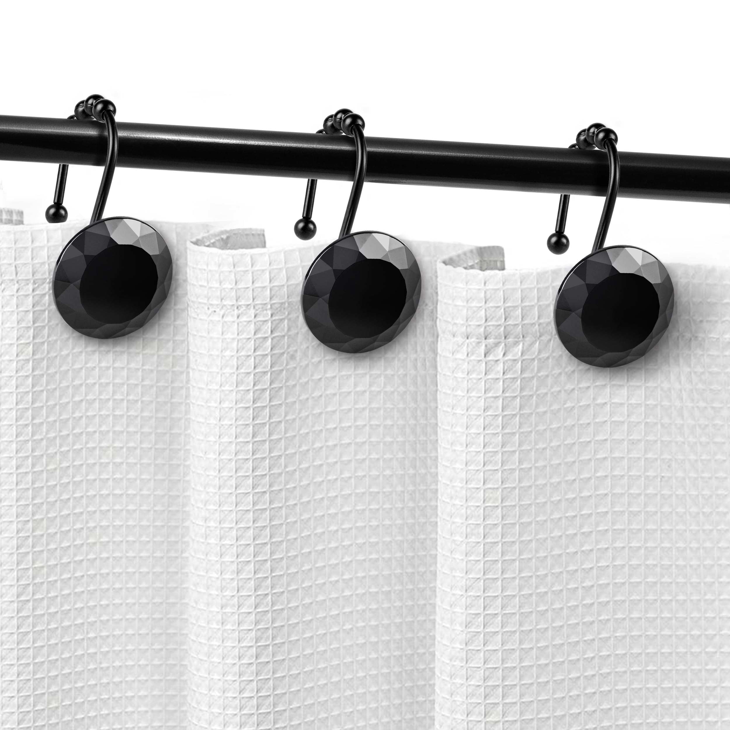 Luxury Design Round Diamond Crystal Gem Bling with Glide Balls Shower Curtain Hooks, Rust Proof Metal Rhinestones Glam Shower Curtain Rings-12 Pack