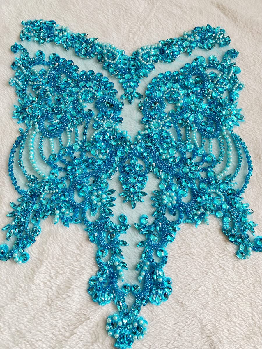 Handmade red/Blue/Gold/Green Rhinestones lace Bodice Applique Sewing Beads Crystal Trim Patches Accessory for Dress Clothes (Rose red)