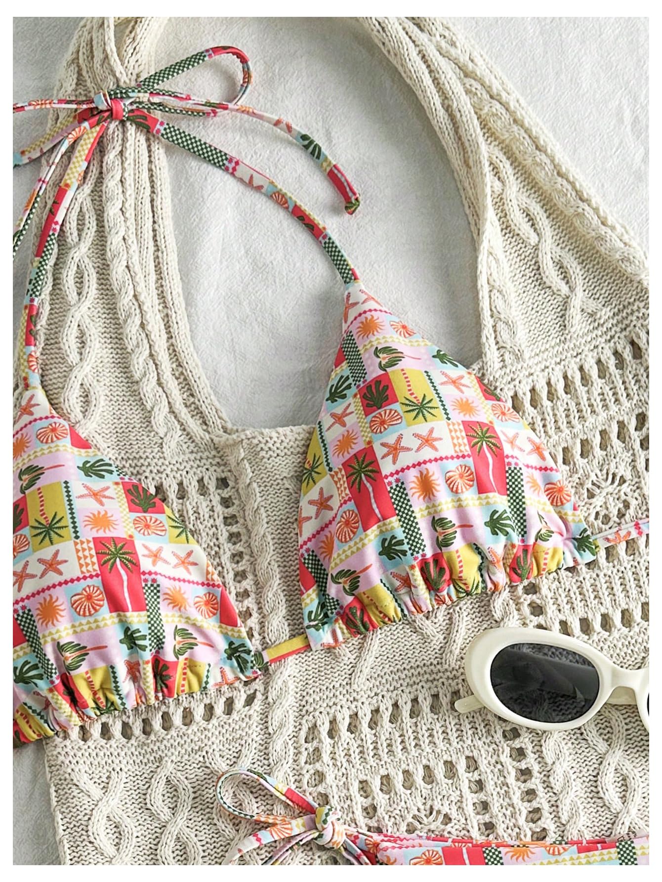 Women's Bikini Sets Tie Side Bathing Suits Tropical Print Triangle Tie Back Cheeky Swimsuit