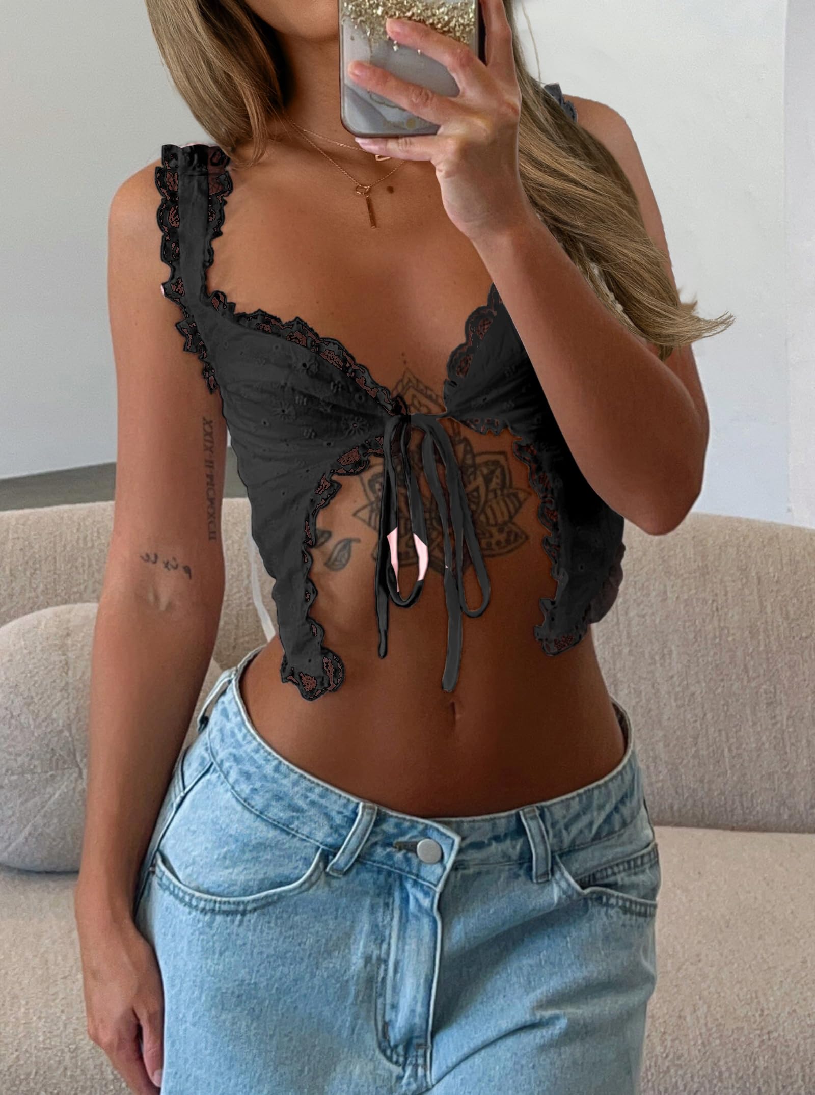 Women's Eyelet Embroidery Lace Trim Tie Front Crop Top and Mini Skirt Set Summer 2 Pieces Outfits