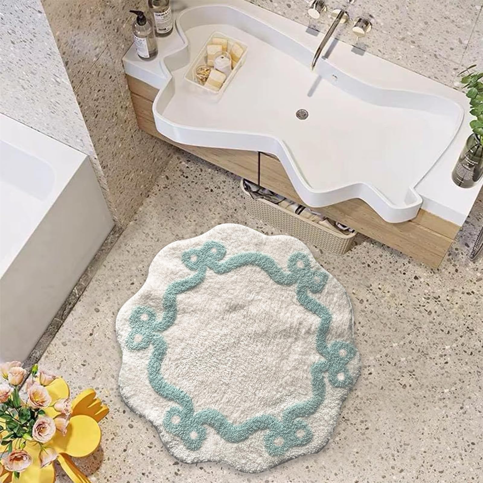 Coquette Bow Bathroom Mat Non Slip Bow Rug Cute Scallop Carpet Room Decor Microfiber Absorbent Bath Rug
