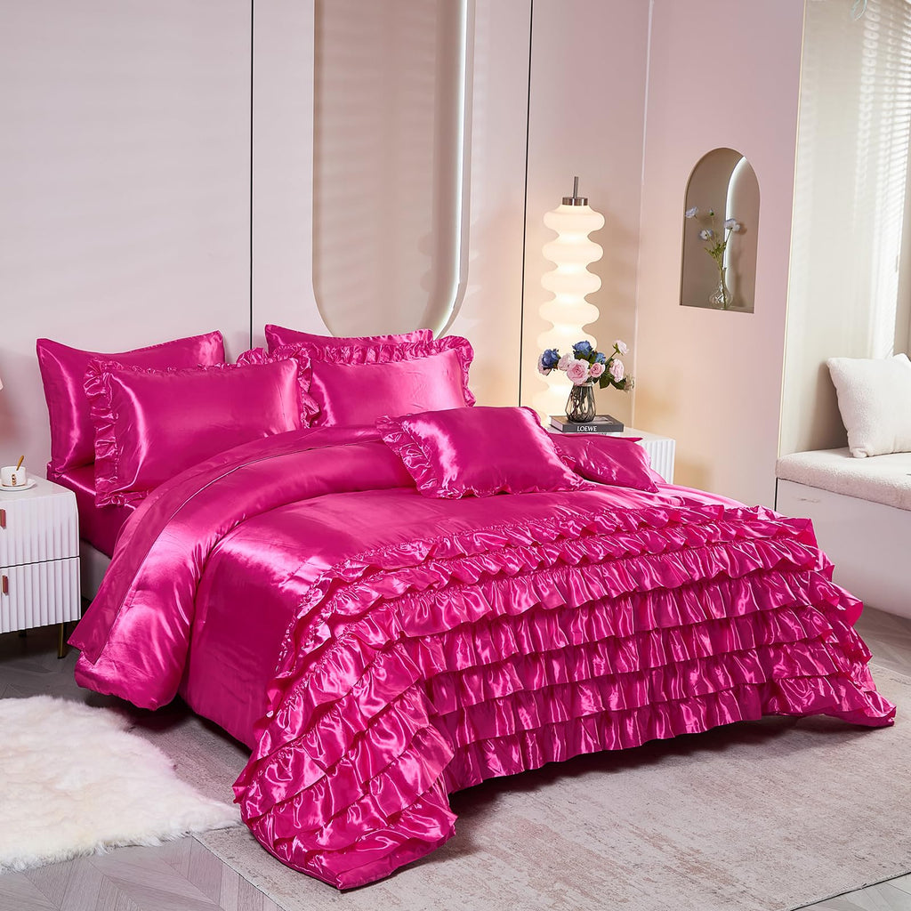 Ruffle Comforter Set 8 Pieces Satin Comforter Set with Sheet Set - Waterfall Ruffle Design Luxurious Silky Comforter Set
