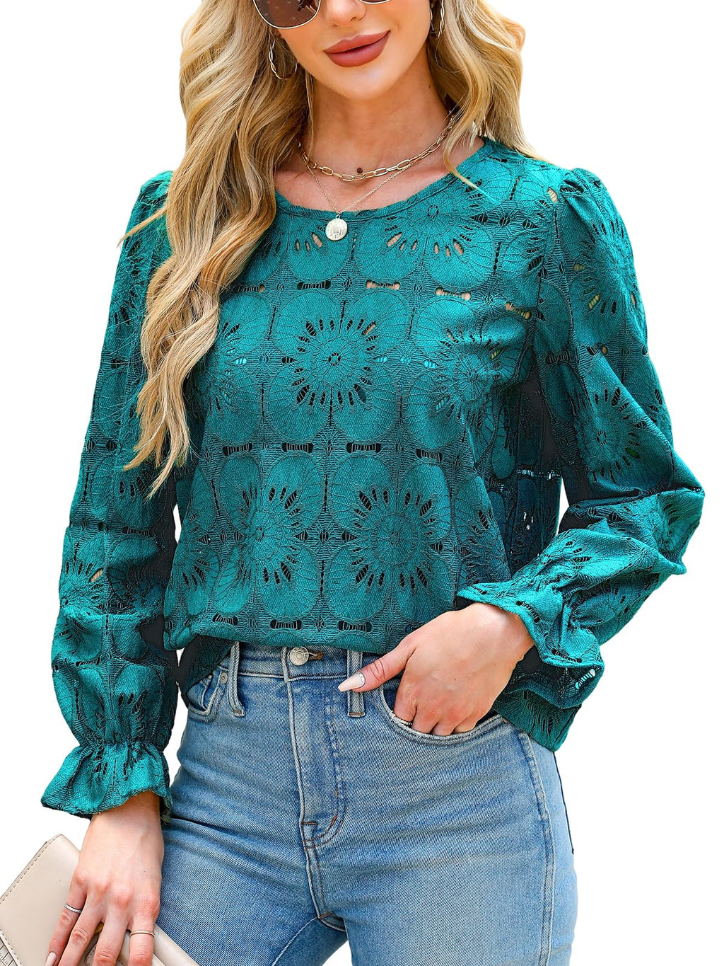 Women Eyelet Long Sleeve - Dressy Hollow Out Crochet Lace Embroidered Blouse