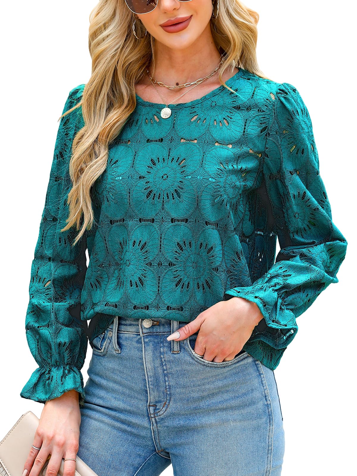 Women Eyelet Long Sleeve - Dressy Hollow Out Crochet Lace Embroidered Blouse