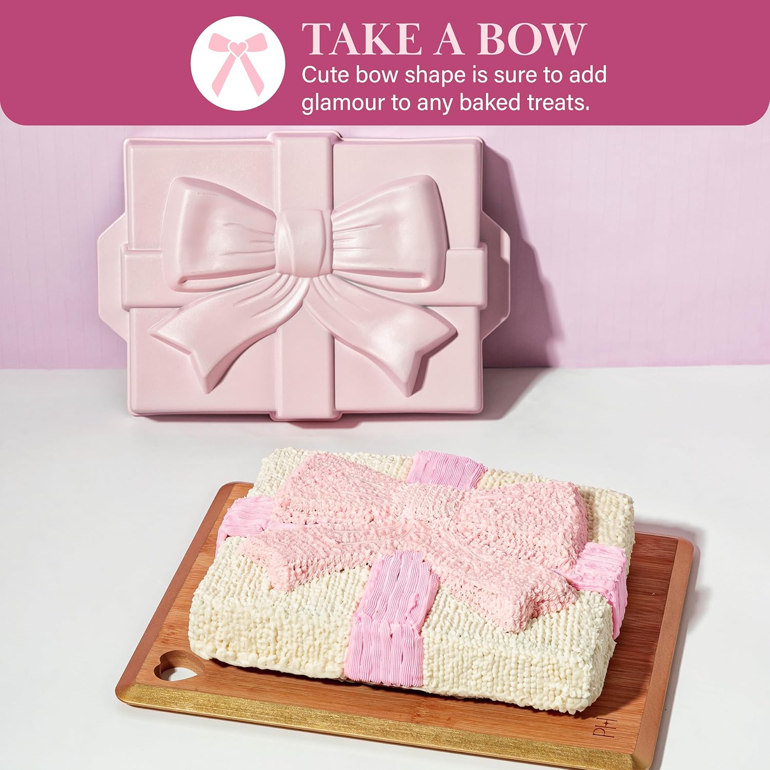 Paris Hilton Gift Box with Bow Cake Pan, Cast Aluminum with Clean Ceramic Nonstick Bakeware, 10.5 x 8-Inch Pink