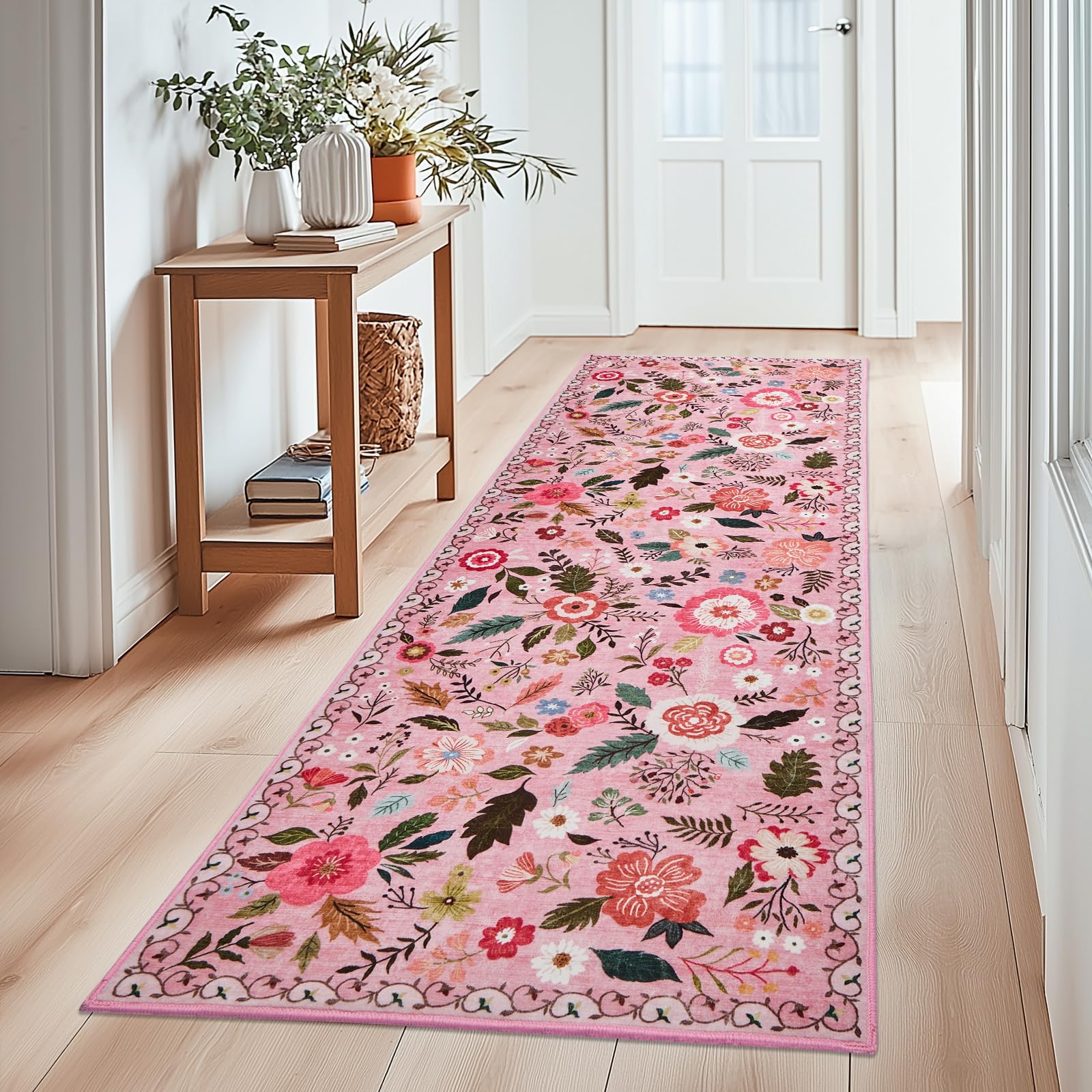 Boho Floral Vintage Rug for Home Washable Rugs Soft Low Pile, Non Slip Non-Shedding