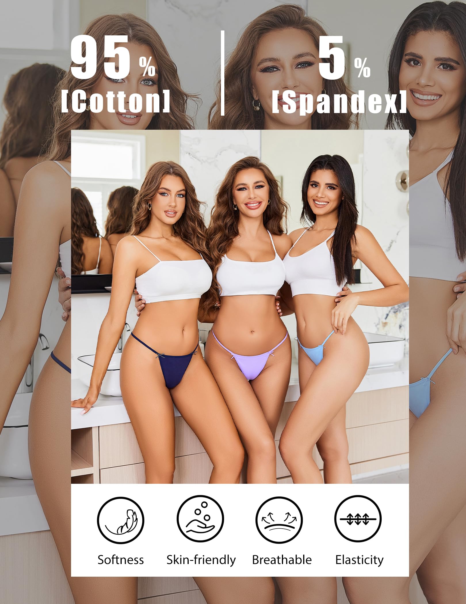 G String Thongs for Women Cheeky Breathable Underwear Sexy No Show Panties 3 Pack