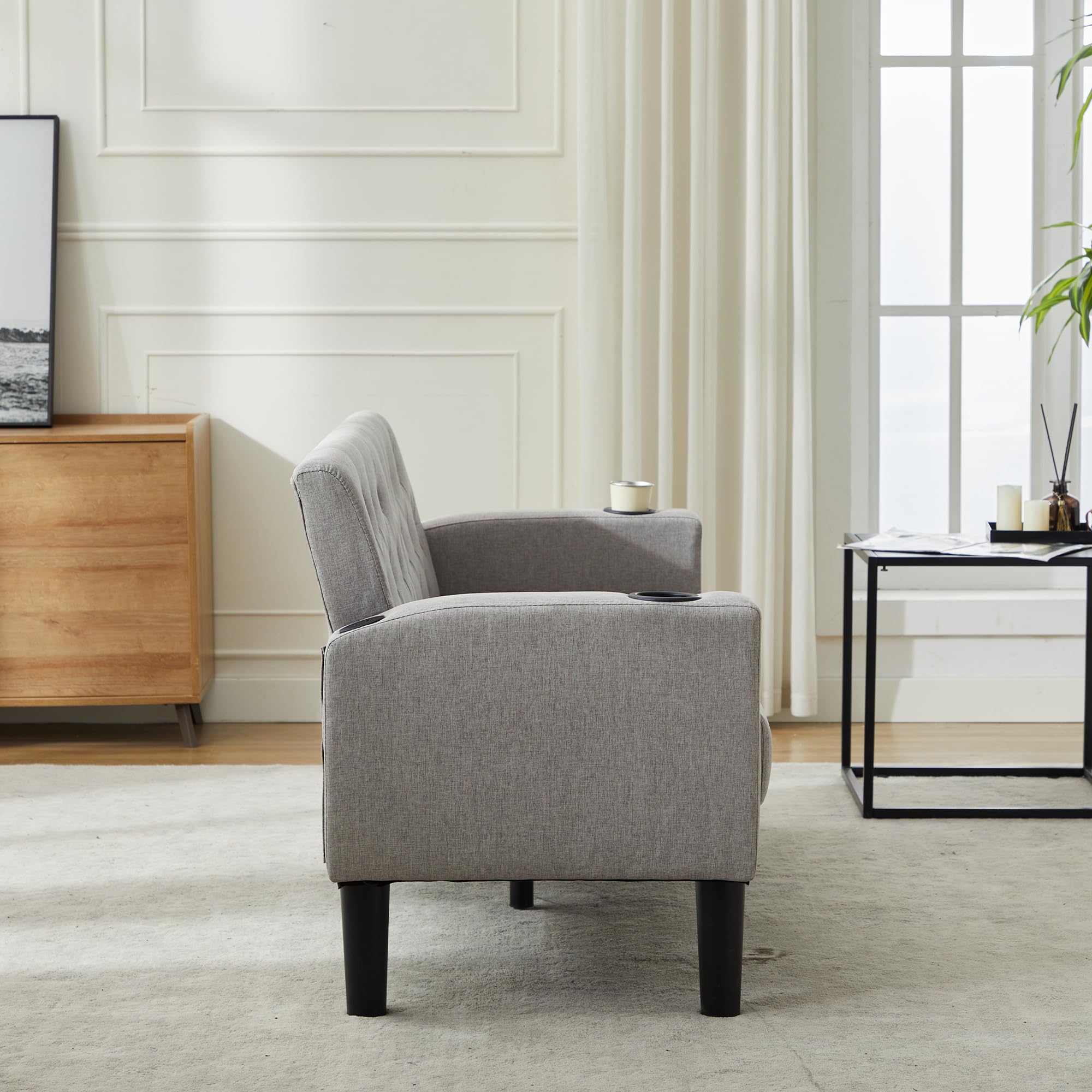 Velvet Loveseat Sofa w/ 2 USB Charger Ports and 2 Cupholders, Mid-Century Modern Tufted