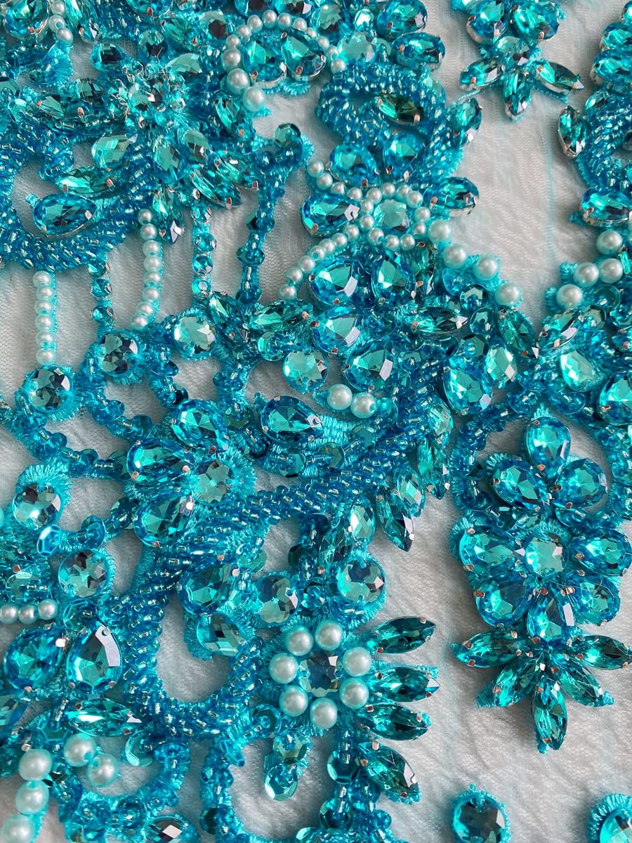 Handmade red/Blue/Gold/Green Rhinestones lace Bodice Applique Sewing Beads Crystal Trim Patches Accessory for Dress Clothes (Rose red)