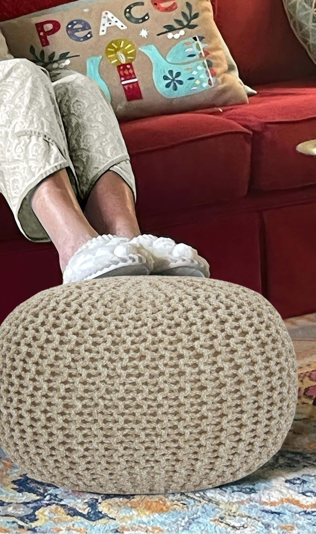 Hand-Knitted Cotton Round Pouf â€?Braid Cord Ottoman, Footrest, and Accent Seat for Living Room, Nursery, Kids Room, or Dorm Décor â€?20x14