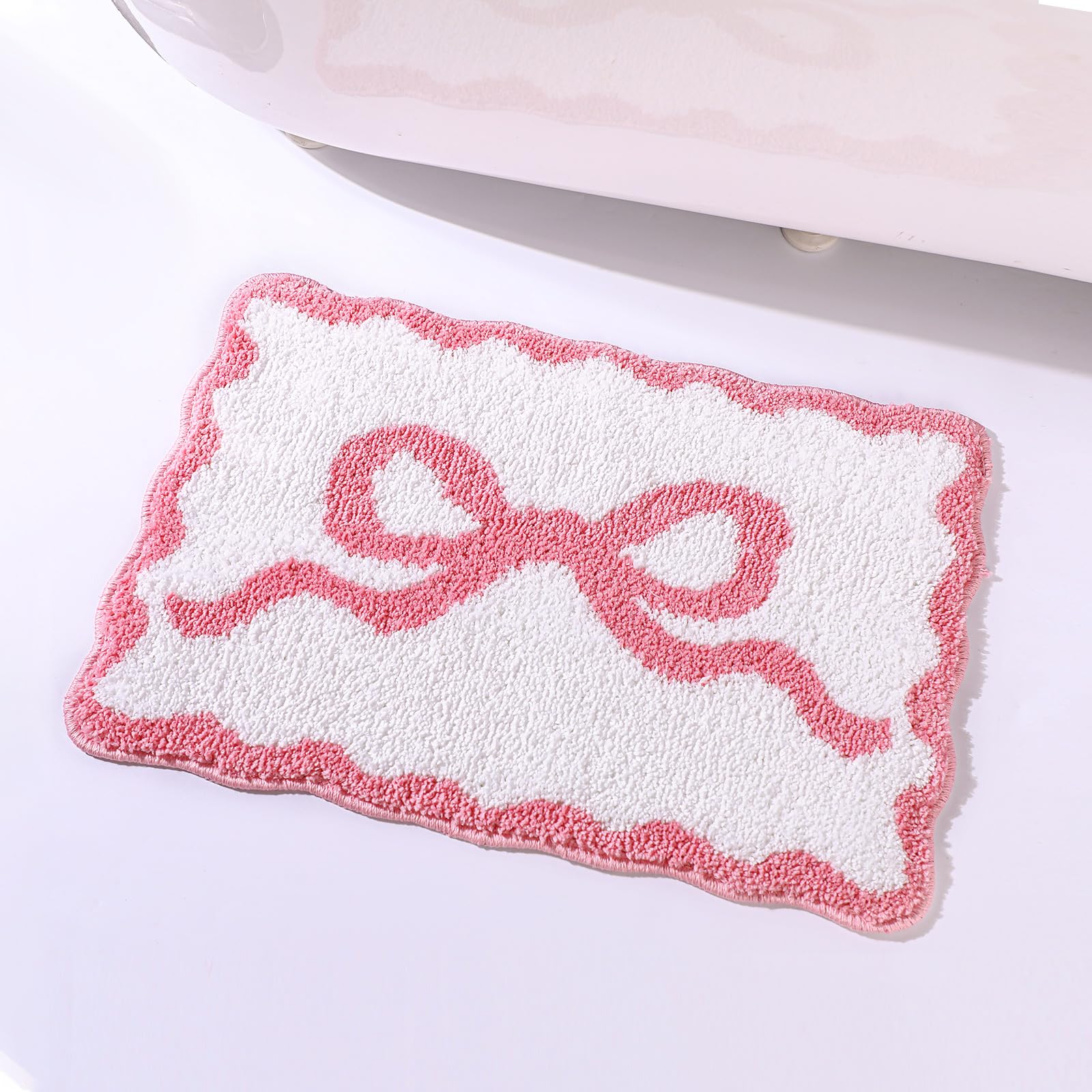 Scalloped Bow Bathroom Mat Non Slip Coquette Bow Rug Cute Aesthetic Scallop Carpet Preppy Room Decor Microfiber Absorbent Bath Rug for Bathroom Bathtub Shower Bedroom(Black,16" X 24")