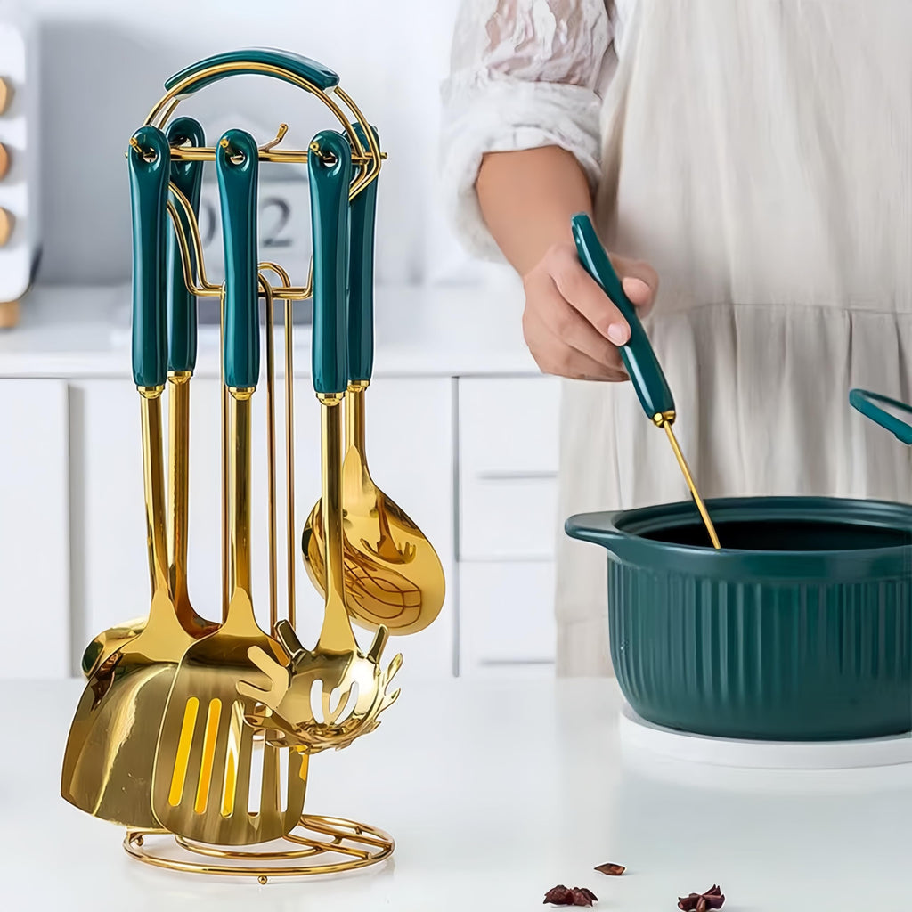 Gold Kitchen Utensils, 7pieces Gold Cooking Utensils Set, Kitchen Tools Set With Utensil Holder, Gold Kitchen Accessories, Dishwasher Safe, Easy To Clean