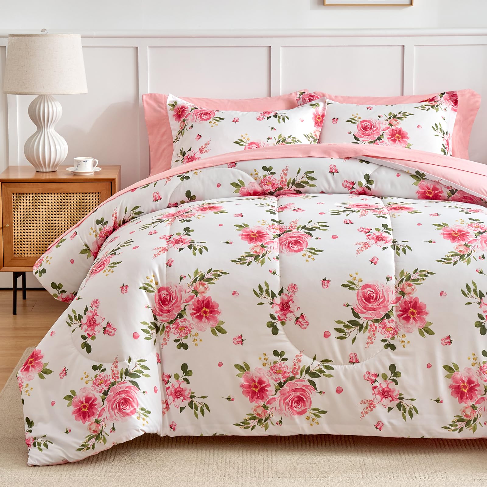 Flower Comforter Sheet Set White Bed in a Bag 7 Pieces Size Pink Floral Microfiber Bedding Set (1 Comforter 2 Pillow Shams 1 Flat Sheet 1 Fitted Sheet 2 Pillowcases)