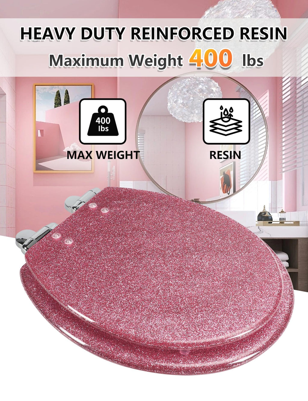 Round Resin Toilet Seat Glitter Soft Close Quick Release Metal Zinc Alloy Hinge Easy to Install also Easy to Clean, Decorative Acrylic Seats (17 Inch)
