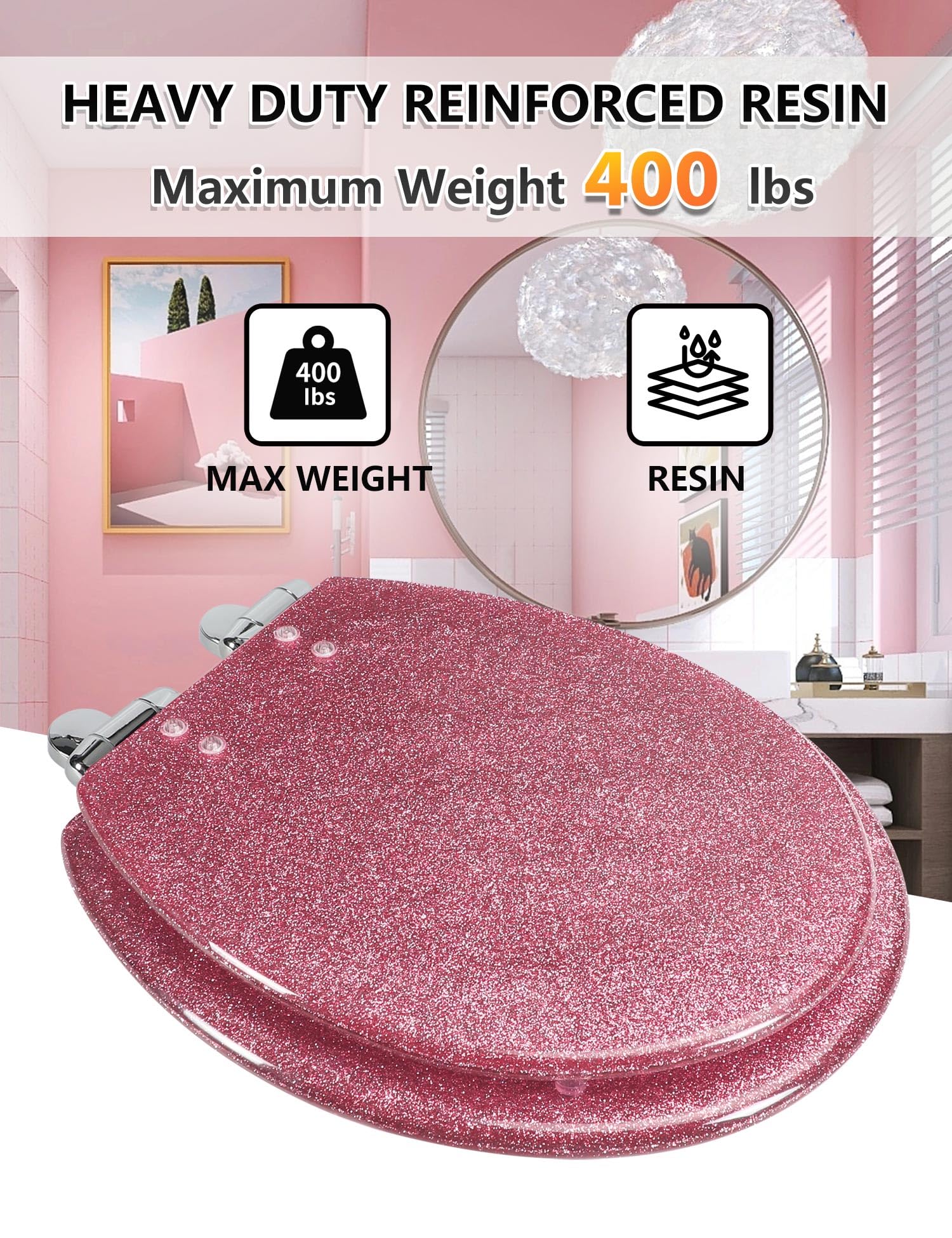 Round Resin Toilet Seat Glitter Soft Close Quick Release Metal Zinc Alloy Hinge Easy to Install also Easy to Clean, Decorative Acrylic Seats (17 Inch)