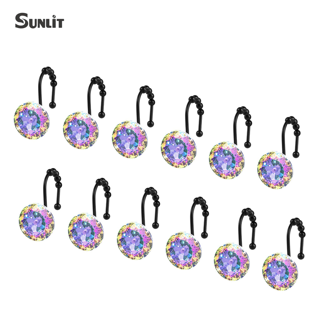Luxury Design Round Diamond Crystal Gem Bling with Glide Balls Shower Curtain Hooks, Rust Proof Metal Rhinestones Glam Shower Curtain Rings-12 Pack