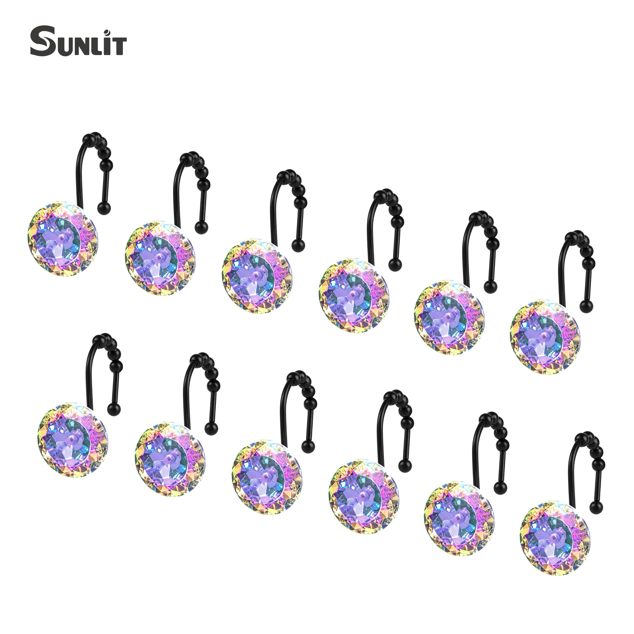 Luxury Design Round Diamond Crystal Gem Bling with Glide Balls Shower Curtain Hooks, Rust Proof Metal Rhinestones Glam Shower Curtain Rings-12 Pack