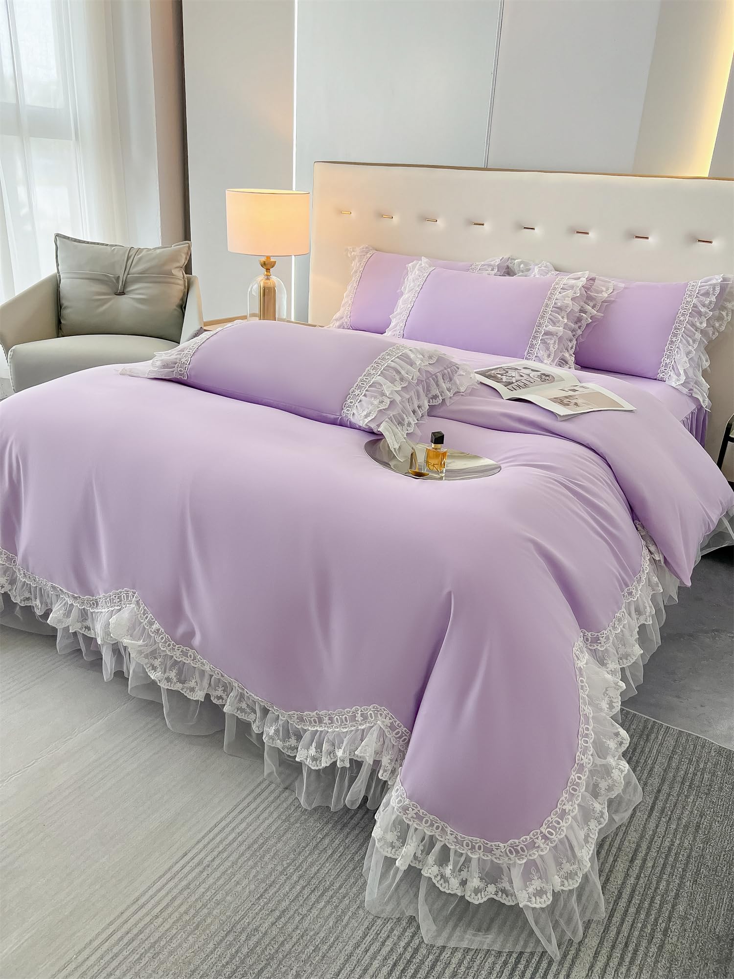 Chic Ruffle Lace Polyester Duvet Cover Set -Bedding-2 Piece Duvet Cover with Zipper Closure -Ultra Soft and Light Weight