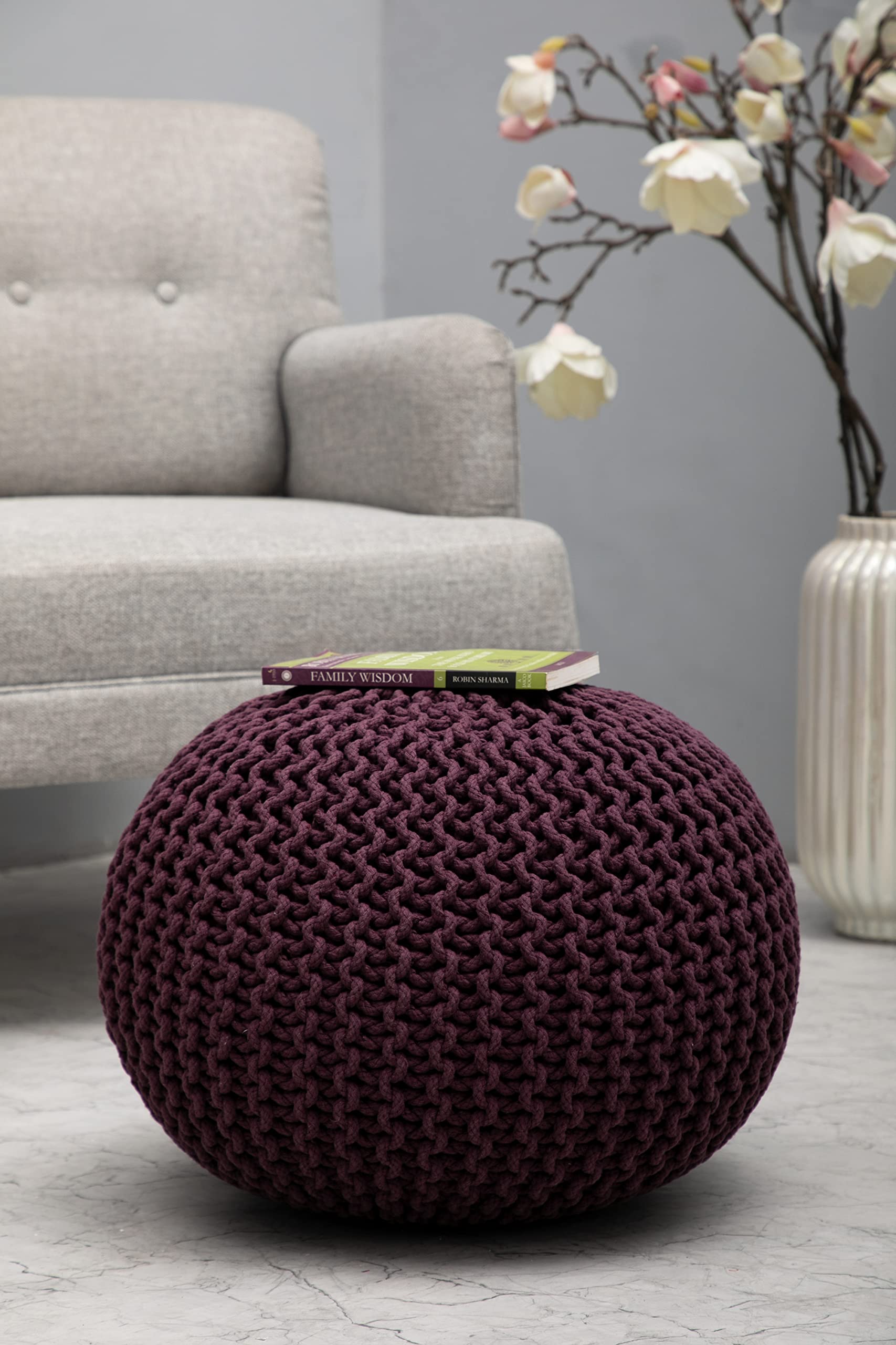 Hand-Knitted Cotton Round Pouf â€?Braid Cord Ottoman, Footrest, and Accent Seat for Living Room, Nursery, Kids Room, or Dorm Décor â€?20x14