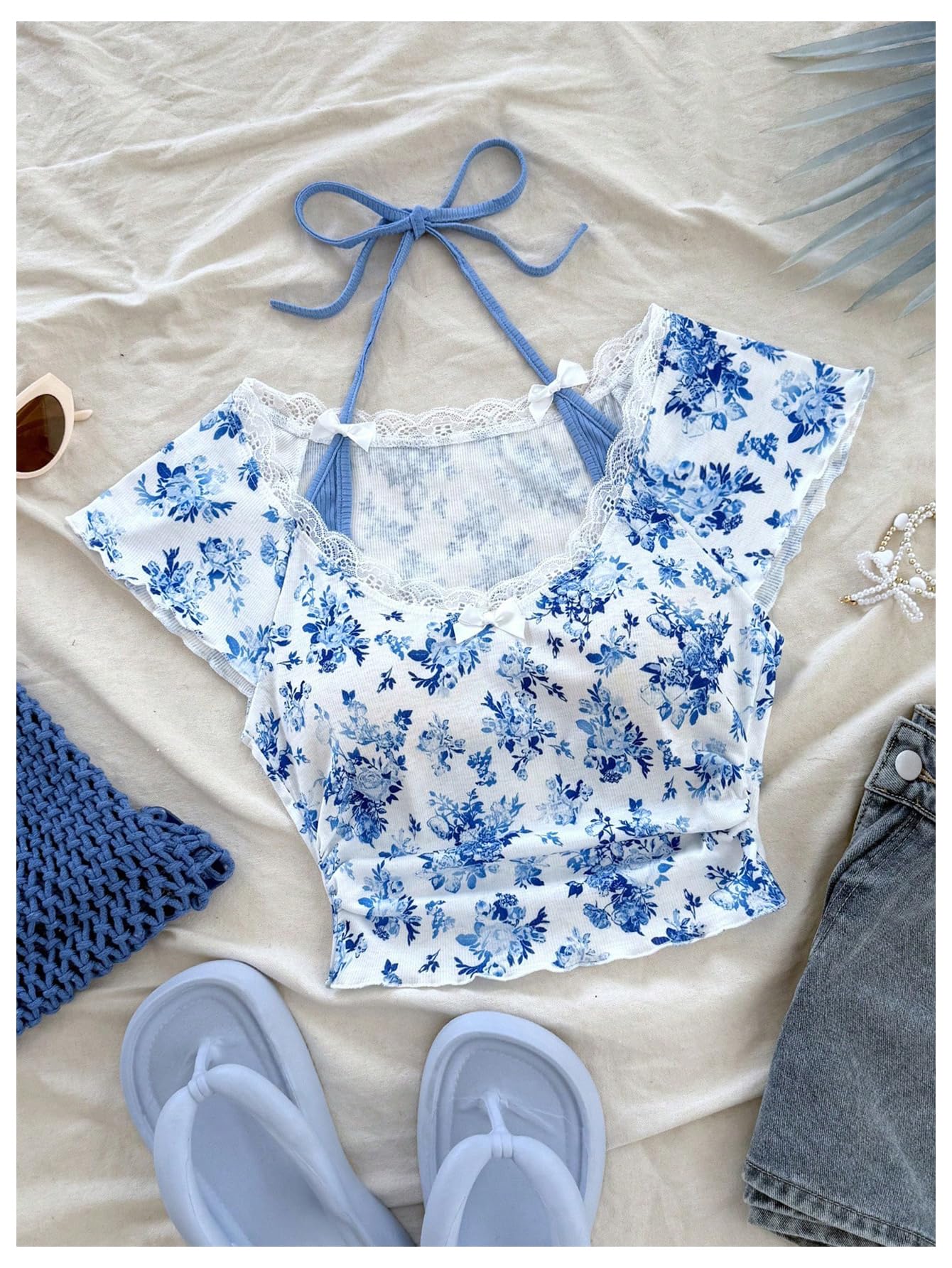 Women's Contrast Lace Halter Neck Lettuce Trim Casual Crop Tee Tops